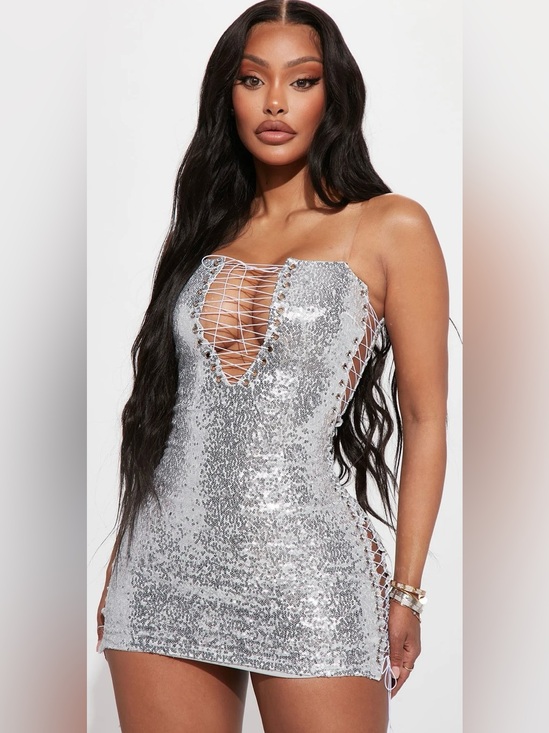 Fashion Nova Dresses & Skirts - Fashion Nova Silver Sequin Lace-Up Mini Dress